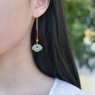 和田玉青玉如意耳坠 14k包金diy女款玉石耳钉耳饰品 简约大气