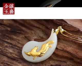 梦动珠宝和田玉龙凤佩吊坠天然玉佩男女款金镶玉吊坠玉石玉坠挂件项链